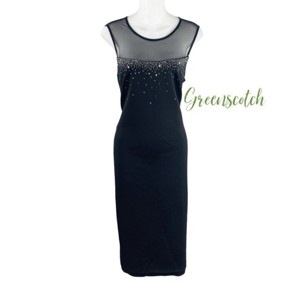 Calvin Klein black scuba mesh yoke crystal sleeveless sheath dress 12 AB22